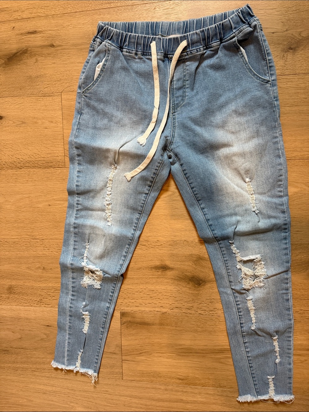 Hayden Light Blue Distressed Jeggings with Drawstring Waist